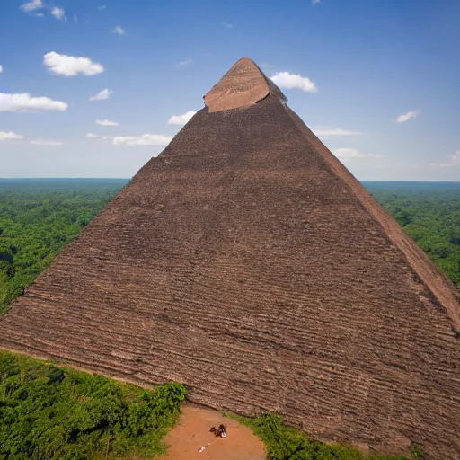 Prompt: aerial hd photographs of an uncontacted tribe from the amazon with tribe members looking up around a giant magical pyramid