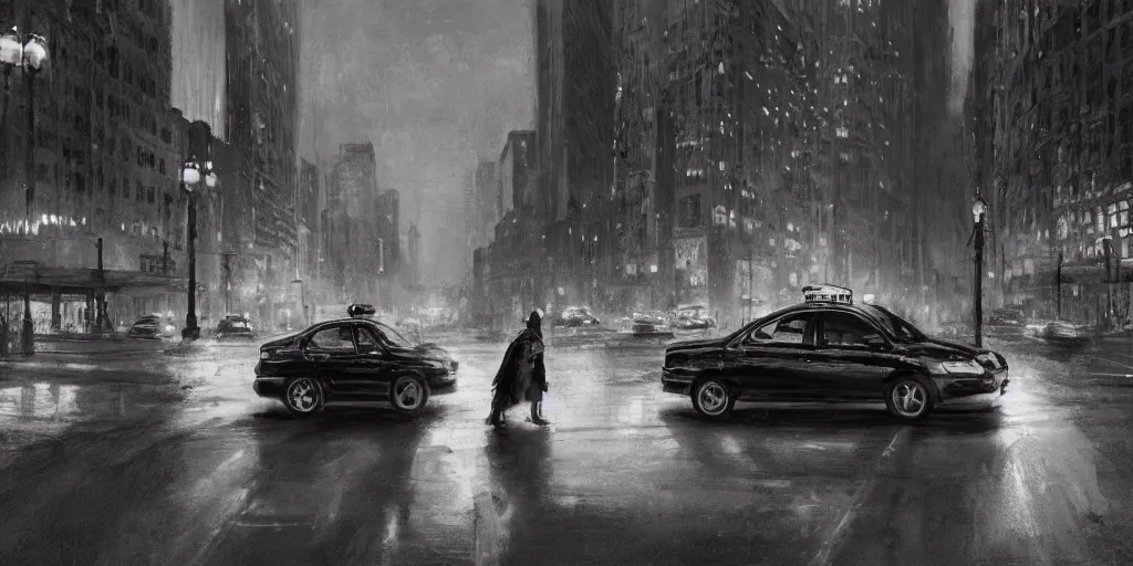 Image similar to taxi through the streets of chicago, night time, dramatic lighting, german expresionism, noir film, character sheet, fine details, concept design, high contrast, anthrophomorfic animals, kim jung gi, greg rutkowski, trending on artstation, 8 k, full body, turnaround, front view, back view, ultra wide angle