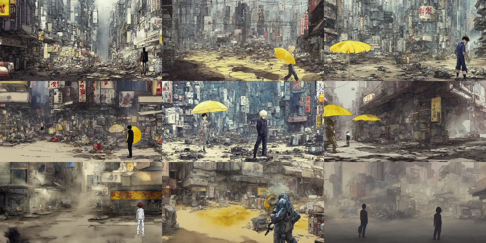 Prompt: incredible wide screenshot, simple watercolor, paper texture, katsuhiro otomo ghost in the shell movie scene, distant shot of alone astronaut exploring side view under a yellow parasol in deserted dusty shinjuku junk town, , broken vending machines, old pawn shop, bright sun bleached ground, mud, fog, dust, windy, scary chameleon face muscle robot monster lurks in the background, ghost mask, teeth, animatronic, black smoke, pale beige sky, junk tv, texture, strange, impossible, fur, spines, mouth, pipe brain, shell, brown mud, dust, bored expression, overhead wires, telephone pole, dusty, dry, pencil marks, genius party,shinjuku, koju morimoto, katsuya terada, masamune shirow, tatsuyuki tanaka hd, 4k, remaster, dynamic camera angle, deep 3 point perspective, fish eye, dynamic scene