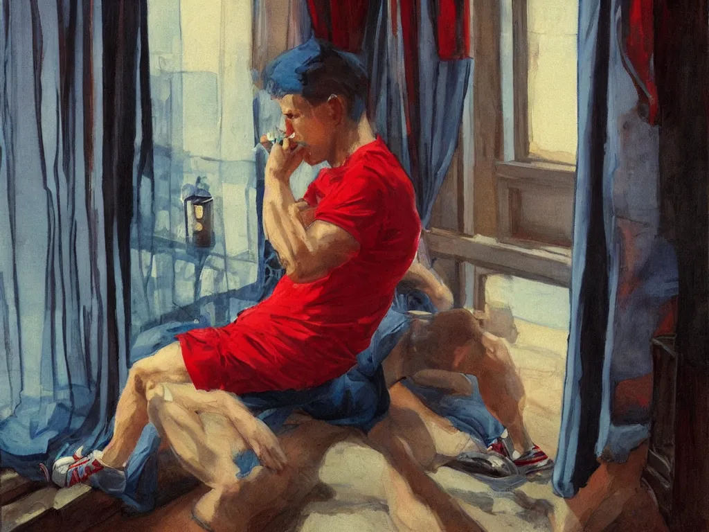 Prompt: single man sitting by the window, smoking a cigarette, blue shorts, red adidas shirt, bedroom, small fan, night, dimly lit, art nouveau style