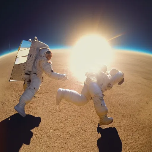 Image similar to two astronauts bowling on the sun, wide angle lens