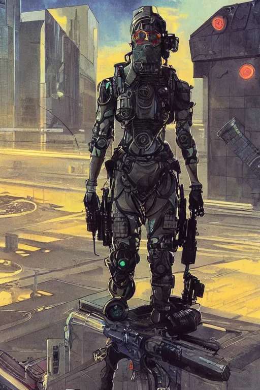 Image similar to Dinah. USN special forces futuristic recon operator, cyberpunk military hazmat exo-suit, on patrol in the Australian autonomous zone, deserted city skyline. 2087. Concept art by James Gurney and Alphonso Mucha