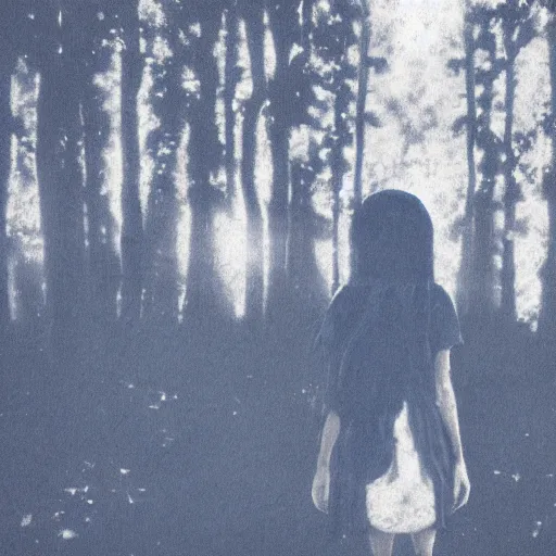 Prompt: anime girl lost in the forest in the style of cyanotype