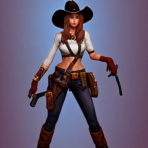 Image similar to full body, female cowgirl, perfect face, long rifle, 8 k, magic the gathering, d & d, artstation