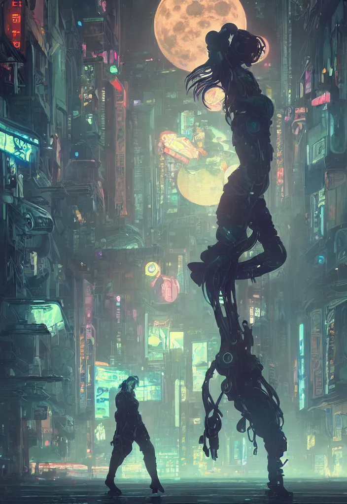 Image similar to an emotional concept painting of a cyberpunk android dancing in the moonlight, neon signs, empty city, large detailed moon, concept painting by Alphonse Mucha and Ross Tran and WLOP and Ruan Jia and Greg Rutkowski