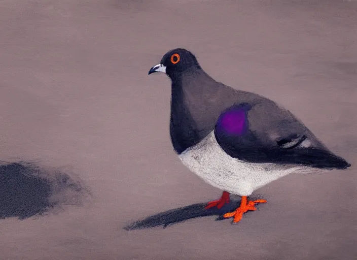 Prompt: pigeon, beach, serene, happy, black, artwork, acrylic paint, tonal colors, dark, volumetric lighting, post processing