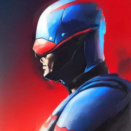 Image similar to portrait of superhero by greg rutkowski, michael biehn wearing a blue, black and red kevlar gear, highly detailed portrait, digital painting, artstation, concept art, smooth, sharp foccus ilustration, artstation hq