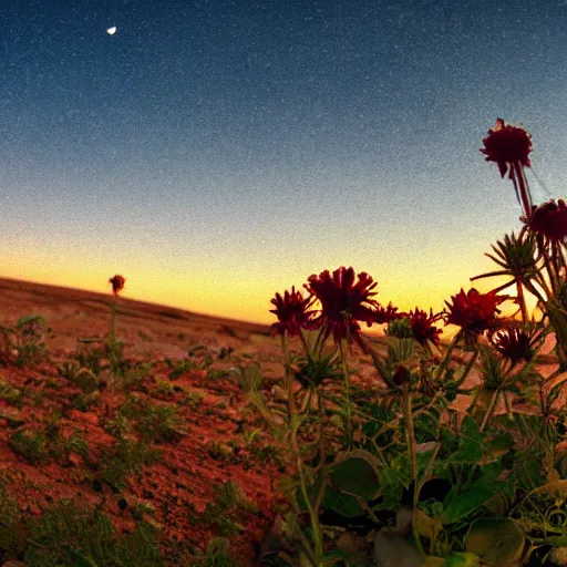 Prompt: mars with vegetation and flowers, sunset, hdr