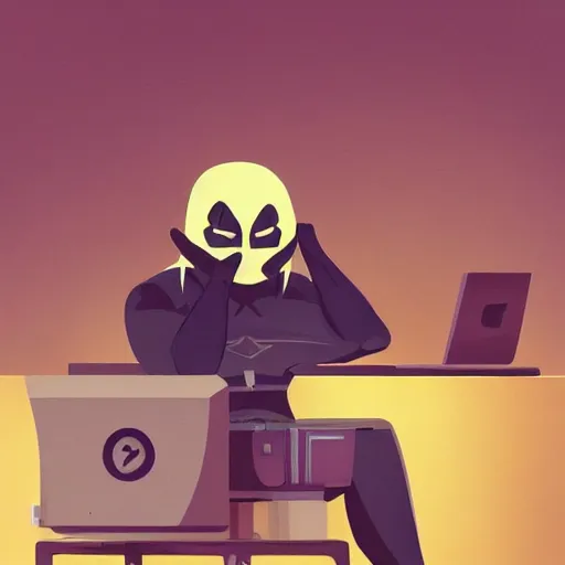 Prompt: a masked superhero wearing a costume sitting at the computer nervously clicking on the mouse in the style of peter mohrbacher