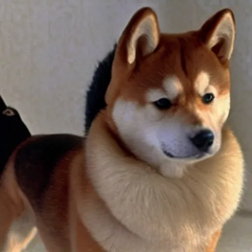 Prompt: A still of a Shiba Inu as Jack Torrance in The Shining (1980)