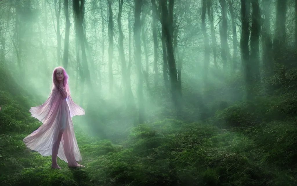 Image similar to a beautiful faery wearing petals made of chiffon folds, beautiful face, silk luminescent, iridescent, pearlescent, glint, rays, spring season, in a dense forest, twilight light, film grain, cinematic, wild flowers, clear river running trough the woods, mist, dreamy, 8 k, octane rendering