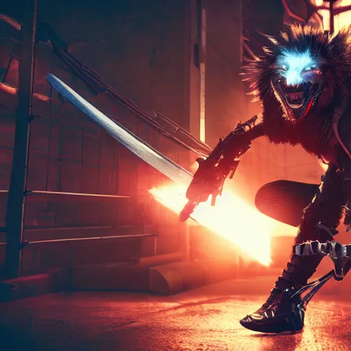 Prompt: cyberpunk wolfman holding a katana and jumping into action, tactical armor, action scene screenshot, unreal engine, high quality gloss art