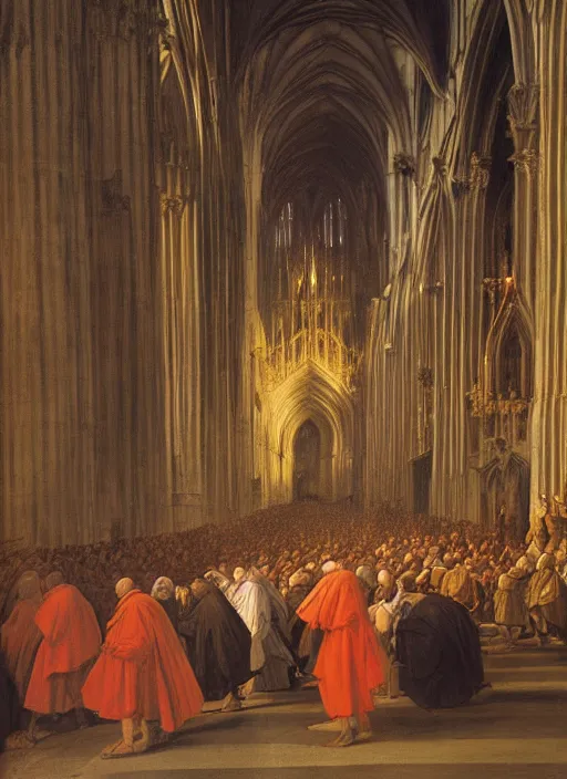 Image similar to elisabeth louise vigee - le brun painting of large crowd of medieval monks in giant in a gothic cathedral interior raising new magical glowing spirit, at dusk sun lit light, old master painting with stunning lighting and details photoreal dusk sun lit light,