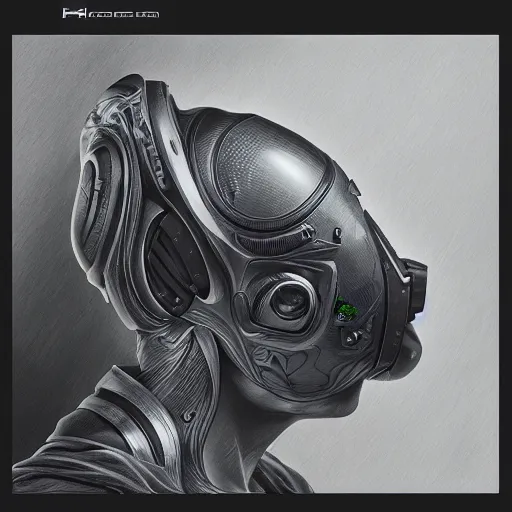 Prompt: holographic headset interface painted in cameron gray style drawn by oku, inspired by ooioo, intricate 3 d sculpture, black and white, 3 d, high detail, sharp high detail, artstation, octane