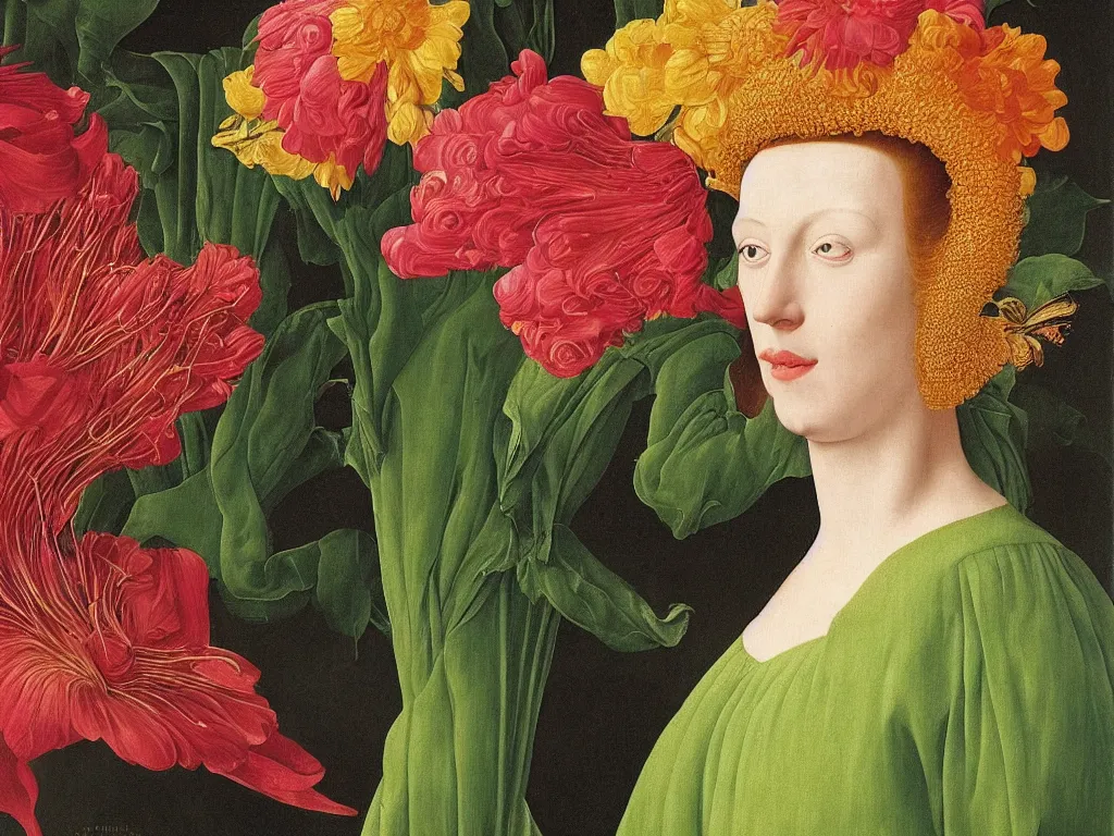 Prompt: Beautiful exotic flowers under her blouse, dress, close up. Painting by Jan van Eyck, Audubon, Maria Sybilla Merian, Rene Magritte, Agnes Pelton, Max Ernst, Walton Ford