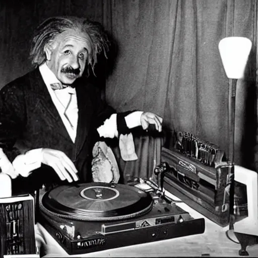 Image similar to photo of Albert Einstein DJing a record player at a nightclub, vintage, highly detailed facial features, at a nightclub