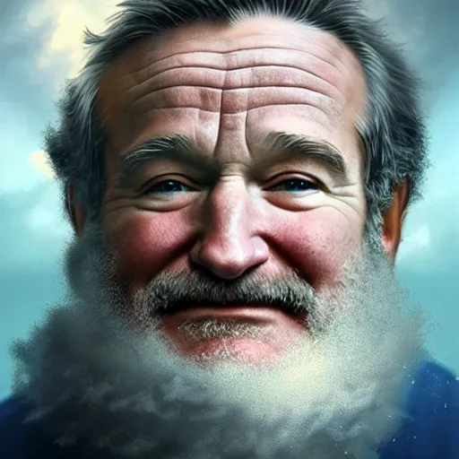 Prompt: robin williams is god, white beard, blue eyes, white robe, clouds, heaven, portrait, intricate, detailed, volumetric lighting, scenery, digital painting, highly detailed, artstation, sharp focus, illustration, concept art, ruan jia, steve mccurry