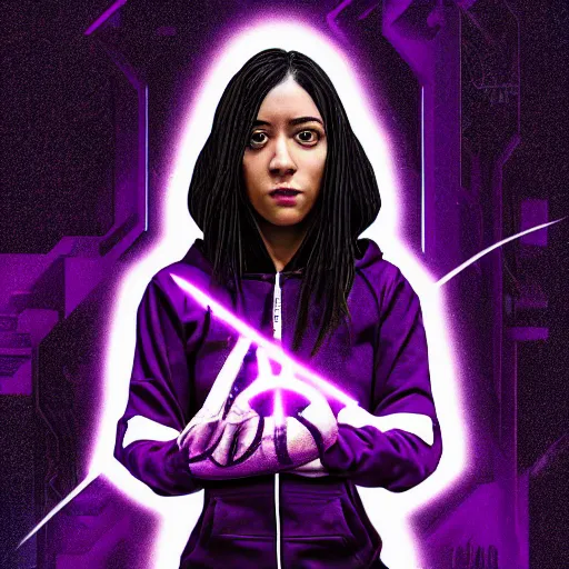 Image similar to poster artwork, sci fi, a female, full body, black hoodie techie, black hair with purple streaks, 8 k