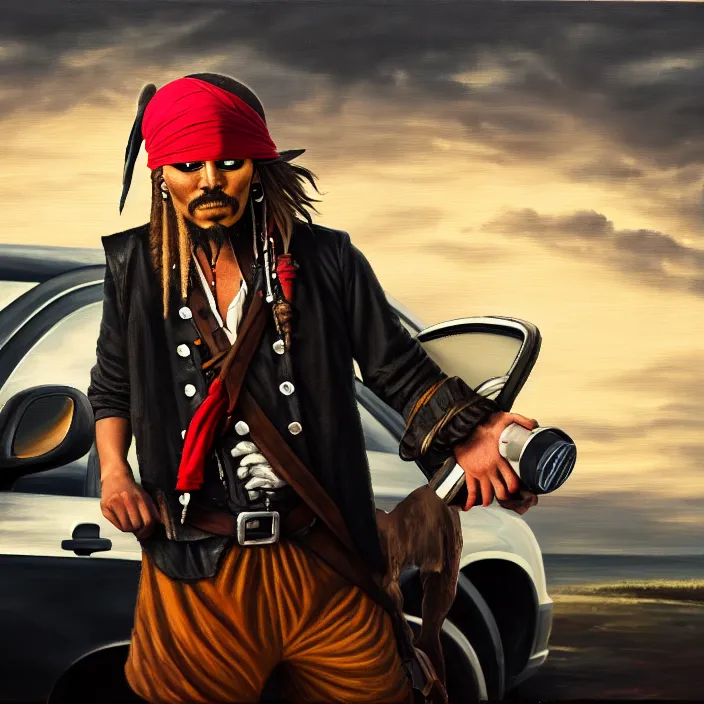 Image similar to a pirate downloading a car, oil on canvas, dramatic lighting, comedy, 8 k