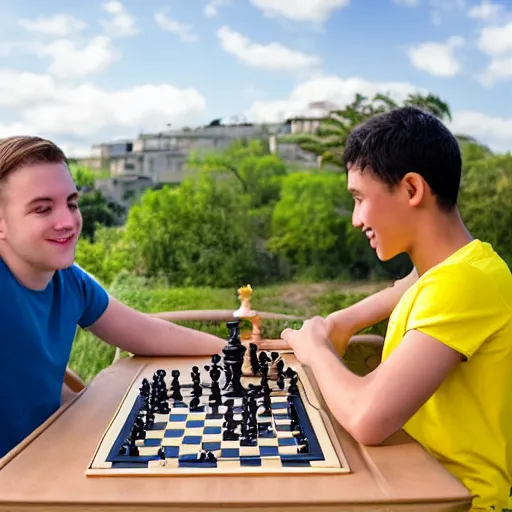 Image similar to two young guys are sitting at a table, playing chess. One is wearing a yellow tanktop and is smiling. The other has a white shirt and looks angry. The sky is blue with a Mediterranean background. Foto