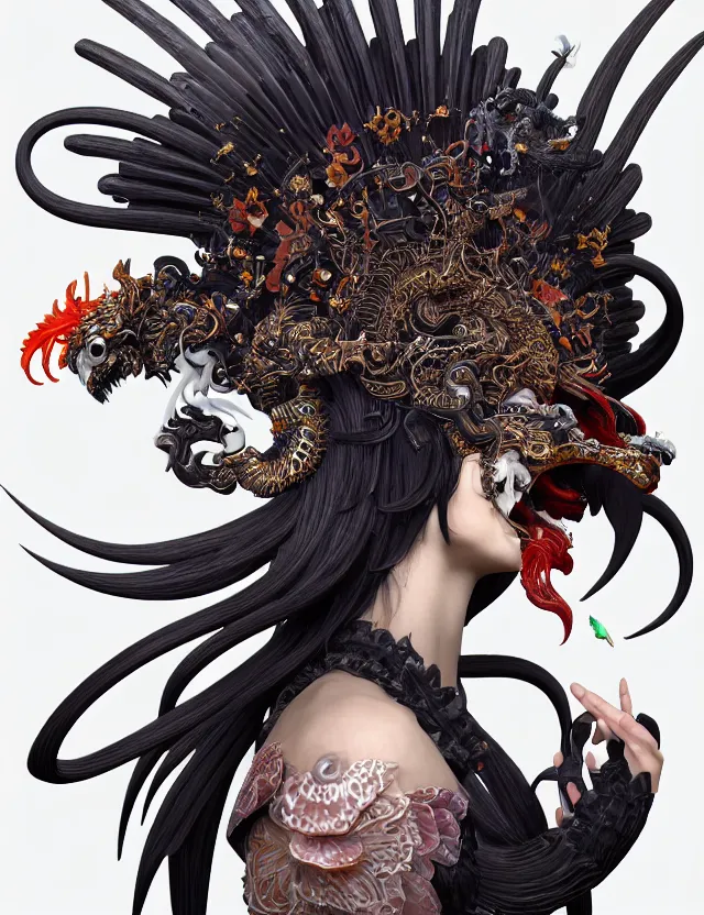 Image similar to 3 d goddess of hell close - up profile portrait with ram skull. beautiful intricately detailed japanese crow kitsune mask and clasical japanese kimono. betta fish, jellyfish phoenix, bio luminescent, plasma, ice, water, wind, creature, artwork by tooth wu and wlop and beeple and greg rutkowski