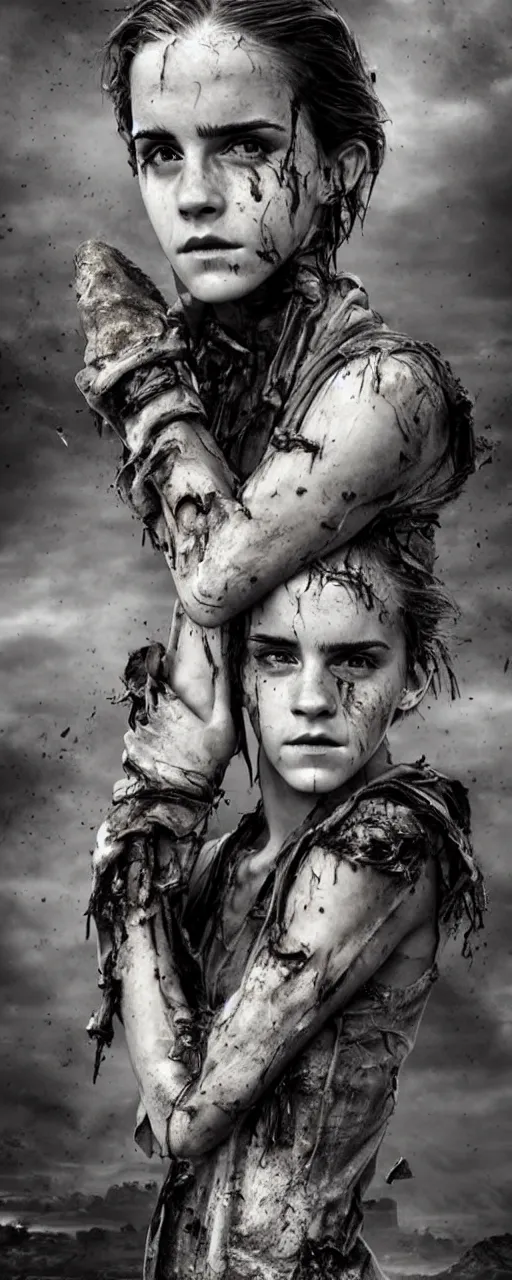 Image similar to twinned sisters Emma Watson action poses dishevelled photorealistic portrait grimy sweating wet face dirty t-shirt and torn jeans in broken biomechanical fractal armour abandoned exploding sci-fi gas station, dark and dim atmospheric smog trending on artstation 8k matte painting, dramatic lighting, dramatic shadows professional photograph by Herb Ritts