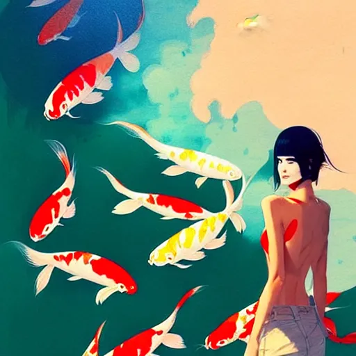 Image similar to a ultradetailed beautiful panting of a stylish woman surrounded by floating koi fish, by conrad roset, greg rutkowski and makoto shinkai, trending on artstation