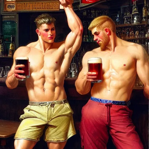 Prompt: attractive muscular male with brunet hair and attractive muscular male with blond hair. pants and shorts, drinking their hearts out, in a pub. highly detailed and very defined painting by j. c. leyendecker, gaston bussiere, craig mullins 8 k