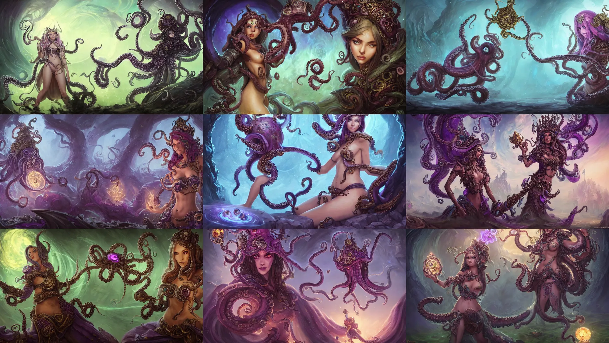 Image similar to portrait of beautiful octopus sorceress with magic staff, fantasy landscape in background, league of legends splash art, hearthstone splash art, world of warcraft splash art, full body shot, rule of thirds, fantasy, whimsical, horror, detailed face, beautiful eyes, ornate bikini armor, artgerm, greg rutkowski, josephine wall, trending on artstation, wallpaper