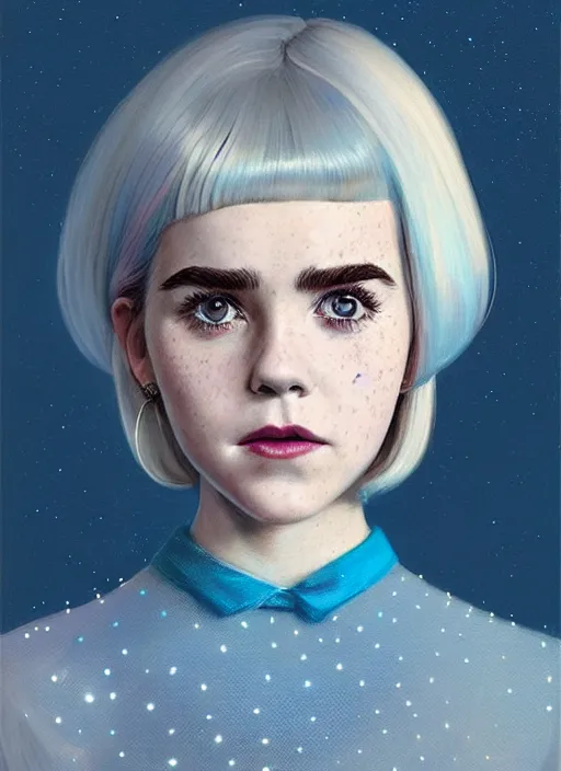 Image similar to portrait of kiernan shipka with freckles, white hair, 1 9 6 0 s bob hairstyle with bangs and hairband, blue 1 9 6 0 s dress, intricate, elegant, glowing lights, highly detailed, digital painting, artstation, concept art, smooth, sharp focus, illustration, art by wlop, mars ravelo and greg rutkowski