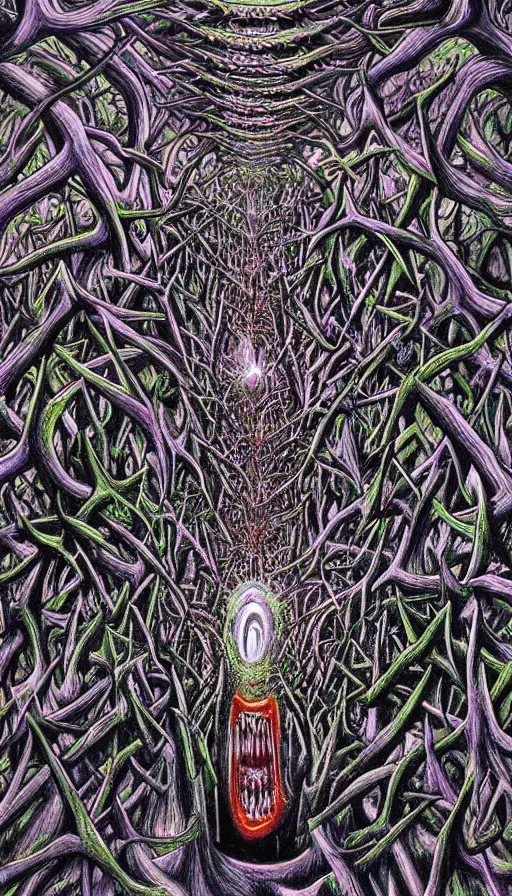 Image similar to a storm vortex made of many demonic eyes and teeth over a forest, by alex grey,