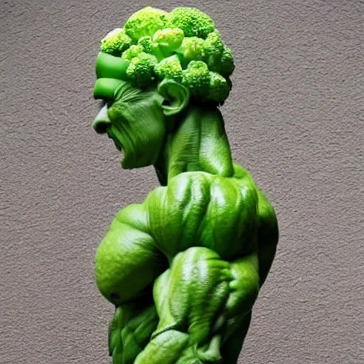 Prompt: a posing bodybuilder sculpture made entirely from broccoli, head of broccoli, broccoli that looks like a bodybuilder physique