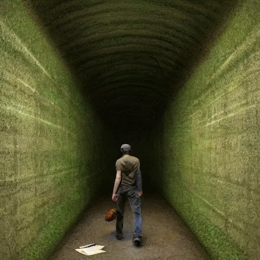 Image similar to A man in shorts and baseball cap walks down a very long, high walled tunnel, green floor, long shaddow, his back is turned, highly detailed, digital painting, artstation, concept art, smooth, sharp focus, illustration, art by greg rutkowski