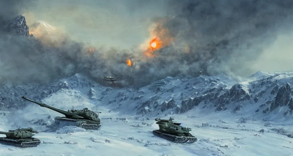 Image similar to snowy mountain, second world war fighting against ufo, aliens, tanks, jet fighters, missiles, with anti aircraft guns, with fire and smoke in the background by eugene von guerard, ivan shishkin, dramatic lighting, concept art, trending on artstation, 8 k