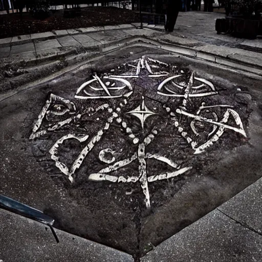 Prompt: leftovers of the ritual of a demonic invasion, satanic symbols in the ground, dark, realistic, highly detailed