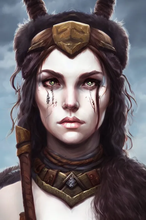 Prompt: head and shoulders portrait of a barbarian, female, high fantasy, dnd, pinterest, artstation, deviantart, twitter, instagram, google