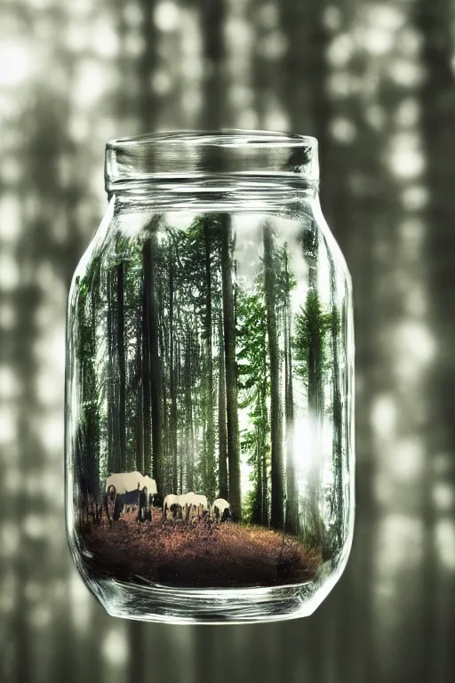 Prompt: close up of a glass jar with a summertime forest inside, standing in a moolit winter forest in the summer, bokeh, intricate detail, highly detailed, hyperrealistic, volumetric lighting, cgsociety, sense of awe, mystical, 8 k, beautiful digital art