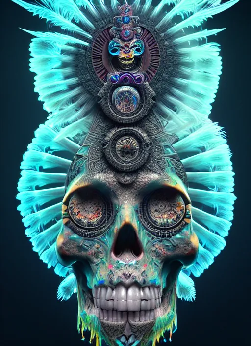 Image similar to 3 d shaman with tattoos profile portrait, sigma 5 0 0 mm f / 5. beautiful intricate highly detailed quetzalcoatl skull and feathers. bioluminescent, plasma, frost, water, wind, creature, gradient background, thunderstorm! artwork by tooth wu and wlop and beeple and greg rutkowski, 8 k trending on artstation,