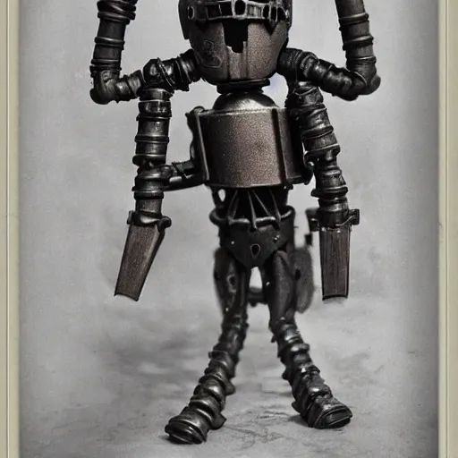 Image similar to a dnd gnome warforged, head in a tank, mechanical spider legs, steam punk style, 1920s photograph