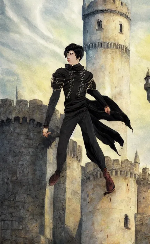 Prompt: young male wizard with black hair in front of a coastal castle tower, art by justin sweet