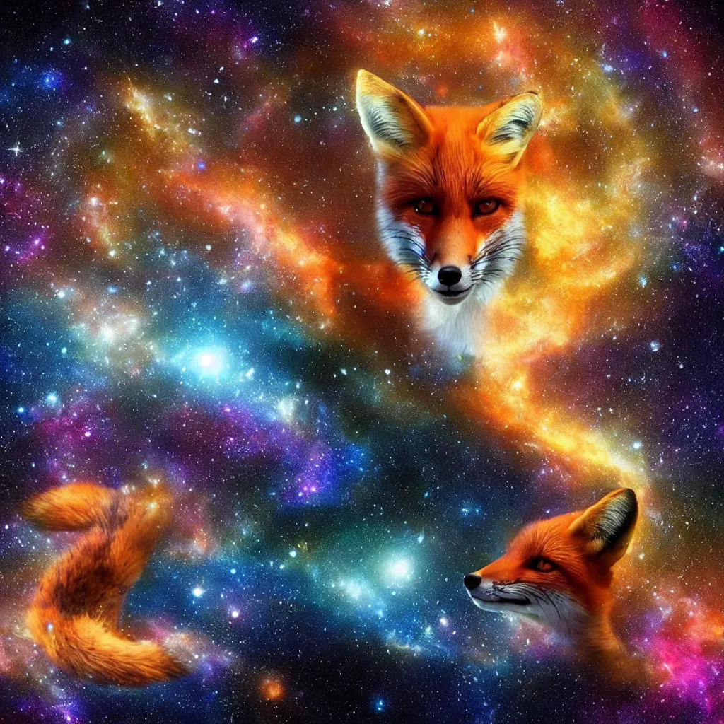 Image similar to a fox in a lake in space staring up at a galaxy, realistic, colorful