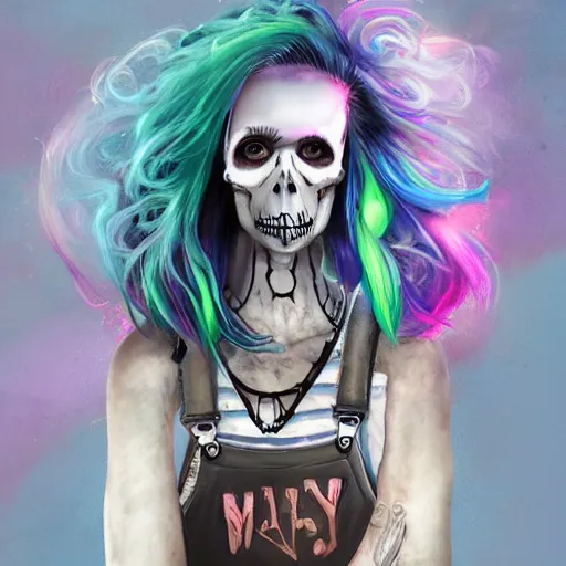 Prompt: a grungy skull woman with rainbow hair, fairy dust, soft eyes and narrow chin, dainty figure, long hair straight down, torn overalls, short shorts, combat boots, basic white background, side boob, symmetrical, single person, style of by jordan grimmer and greg rutkowski, crisp lines and color,