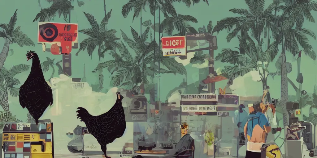 Image similar to 'black chicken!!!' smoking 'cannabis'!!!!!! in front of multi monitors broadcasting studio, artwork by James Gilleard