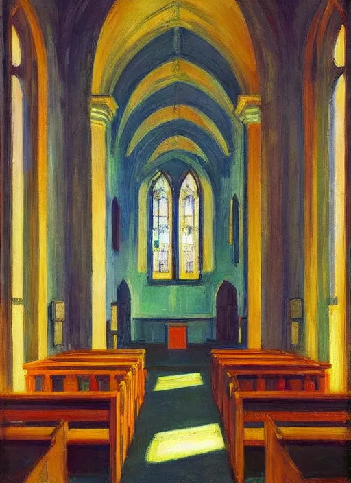 Prompt: a church interior with neon lights painted by Edward Hopper