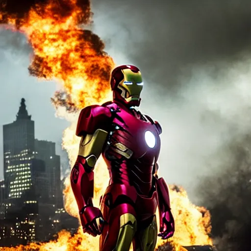 Image similar to < photo hd stunning reimagined mood = gritty gaze = camera > iron man poses with a flamethrower as a city burns in the background < / photo >