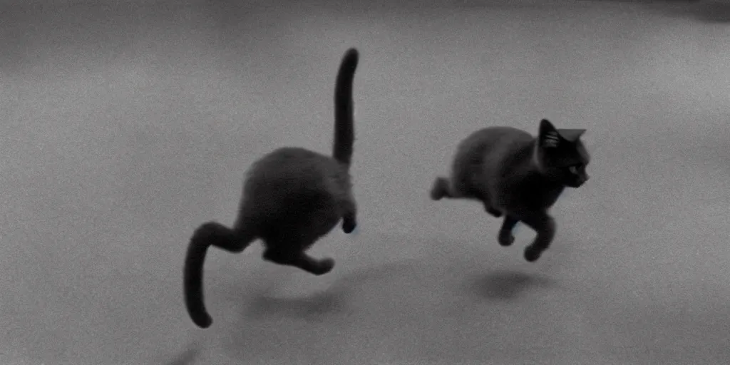 Prompt: filmreel image of a cat running