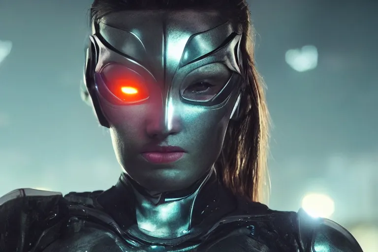 Prompt: VFX movie closeup portrait of a futuristic hero woman in spandex armor in future city, hero pose, beautiful skin, night lighting by Emmanuel Lubezki