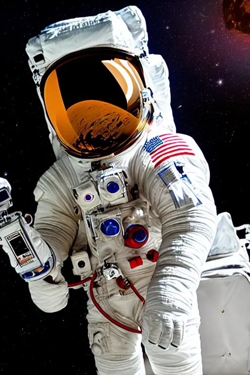 Image similar to extremely detailed studio portrait of space astronaut, holds an iphone in one hand, iphone held up to visor, reflection of iphone in visor, moon, extreme close shot, soft light, golden glow, award winning photo by nasa