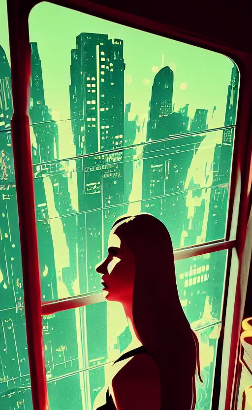 Image similar to vertical portrait of girl in 5 0's retro restaurant interior, neon - decorated urban on night in the city seen through the window, modern interior design, architectural design, vintage, night blade runner, dark, postapocalyptic, clean lines, 4 k, octane, asian futuristic city at distance, big windows, octane, wide angle