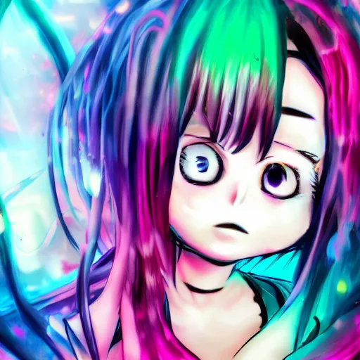 Image similar to emo anime girl, scene, rainbowcore, vhs monster high, glitchcore witchcore, checkered spiked hair, pixiv